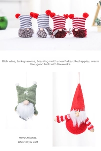 Détail des gnomes de Noël tricotés avec barbes en peluche et boucles de suspension festives