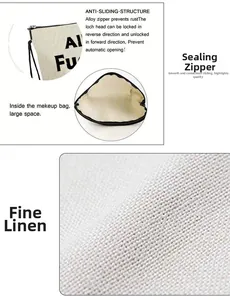 Detail of linen makeup bag showing non-slip alloy zipper and spacious interior storage