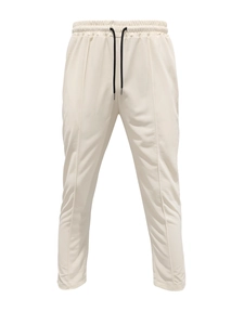 Detail of beige men's drawstring sports pants with elastic waistband and contrast drawcord