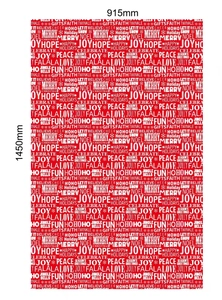 Detailed size chart for Christmas gift bags showing 915mm x 1450mm dimensions and patterns