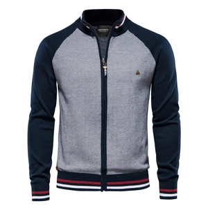 Men Knit Sweater Cardigan Cotton Stand Collar Slim Fit Casual Color Block Argyle Pattern Fashion