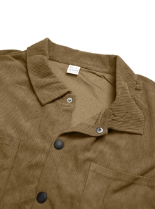 Detail of corduroy jacket neckline with size L label and 100% polyester material texture