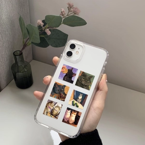 Detail of transparent iPhone case featuring six cute illustrated cat scenes on the back