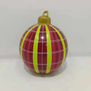 Detail of red and yellow plaid 60cm inflatable PVC Christmas ball with gold hanging loop