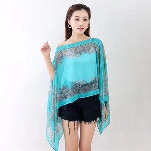 Detail of teal chiffon long scarf with vintage floral patterns on model with white background