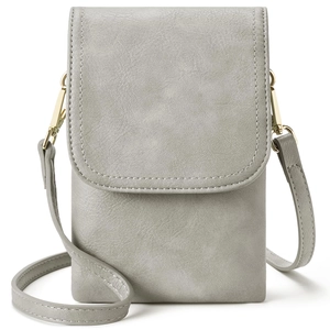 Front detail view of a grey PU leather crossbody cell phone bag with gold hardware