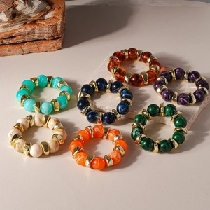 Retro geometric acrylic beaded bracelets with marble texture and gold metal spacers