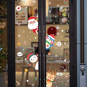 Detailed Christmas static window stickers featuring Santa and Snowman on glass doors
