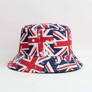 Detail of vintage canvas bucket hat with Australian flag print in red white and blue