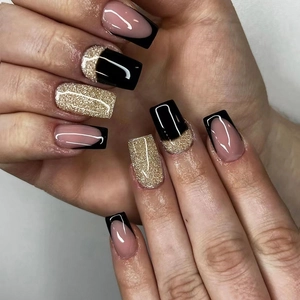 French Tip Press On Nails Long Square Fake Nails Glossy Black Nude Pink Gold Glitter Artificial Fingernails For Women W552