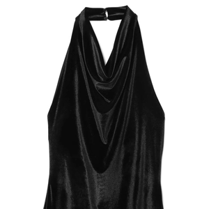 Elegant black velvet halter midi dress featuring cowl neck and open back for women