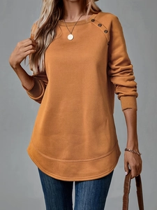 Eleganter senfgelber Langarm-Strickoberteil für Damen mit Zierknöpfen an der Schulter