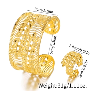 Detailed size specifications for gold hollow leaf cuff bracelet and matching ring set