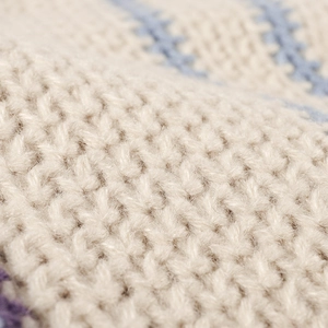 Chunky knit beanie for women in beige with soft blue and purple geometric stripes