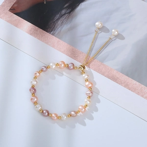 Adjustable Baroque freshwater pearl bracelet with 14k gold-plated chain and colorful beads