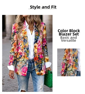 Detail of colorful floral print blazer showing vibrant oil painting texture and lapel