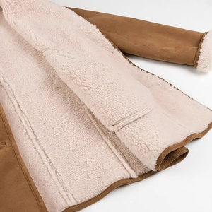 Brown suede mid-length coat with thick white faux shearling lining for warmth
