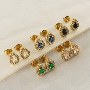 Waterdrop 18K gold-plated stainless steel stud earrings with colorful zircon stones