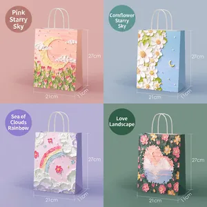 Artistic Oil Painting Style Paper Gift Bags With Handles Impasto Flower Starry Sky Pattern For Birthday Christmas Party