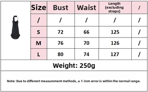 Size chart for black polka dot maxi dress with bust, waist, and length measurements