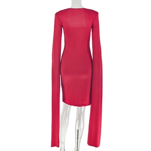 Rear view of tight-fitting red long sleeve mini dress with extra long sleeves on ghost mannequin