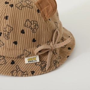 Brown corduroy baby bucket hat with bear print and cute 3D ears for autumn warmth
