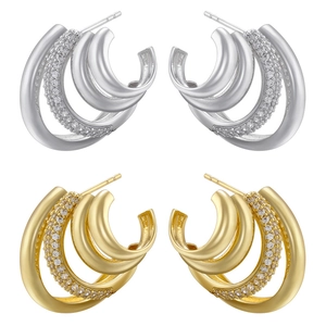 Multi Layer C-Shaped Hoop Earrings Copper With Micro Paved Cubic Zirconia Hollow Out Geometric Style For Women