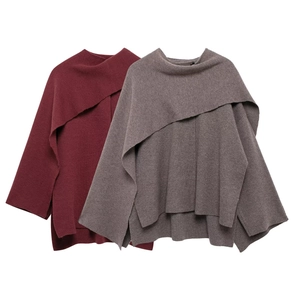 Knitted scarf cloak coats in burgundy and taupe with asymmetric hems on white background