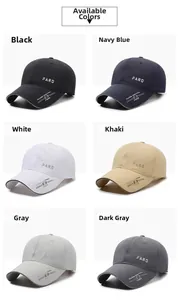 Detail view of quick-dry baseball caps in six colors with embossed FARD lettering