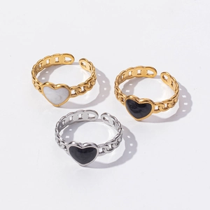 Three hollow heart chain rings in gold and silver finish with enamel drips