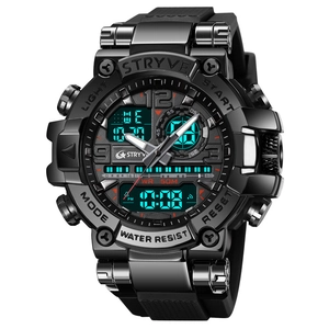 Macro view of water-resistant sports watch dial showing digital and analog dual displays