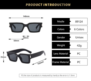 Detailed size specifications for square frame PC sunglasses including lens width and bridge