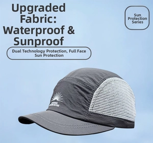 Macro detail of breathable mesh side panels and quick-dry fabric on grey baseball cap