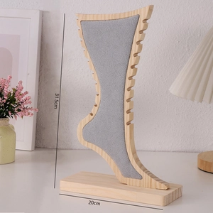 Bamboo and wood jewelry display stand with grey velvet panel and dimension markings