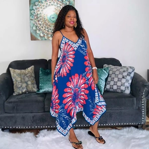 Women's V-neck floral print maxi dress with blue base and asymmetric handkerchief hem