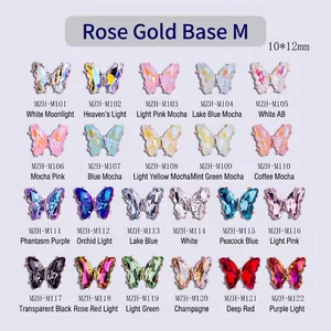 Dije de mariposa de cristal 3D para uñas en 22 colores con base de oro rosa 10x12mm