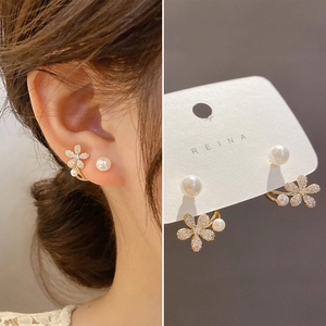 Flower Artificial Pearl Earrings Rhinestone Alloy With 925 Sterling Silver Earring Post Elegant Vintage French Style Jewelry For Women