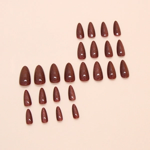 Deep red shimmering almond shape press-on nails set with glossy glitter finish, 24 pieces