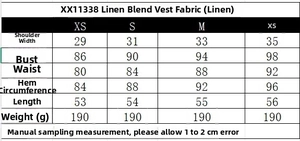 Detailed size chart for women linen blend vest with measurements and fabric information