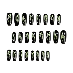 24-piece set of medium long trapezoid press-on nails with green lightning on black base