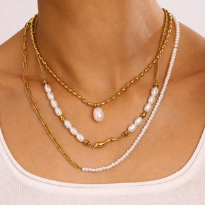 Stainless Steel Freshwater Pearl Necklace Layered Gold Plated Waterproof Hypoallergenic Fashion Jewelry For Women
