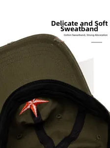 Detailed interior of vintage olive baseball cap with red star embroidery and cotton sweatband