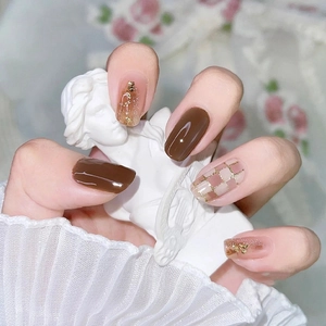 Brown Checkerboard Press On Nails Gold Foil Flakes Short Square Round False Nails Sweet Retro Style DIY Manicure For Women