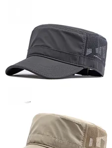 Detail of grey and khaki breathable mesh panels on summer outdoor flat top military hats