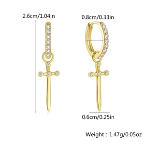 Detailed dimensions of gold dagger earrings with zircons showing height and width