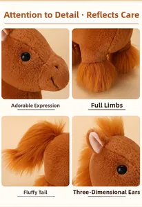 Detail shots of the plush pony toy showing soft fabric, fluffy tail, and cute facial features