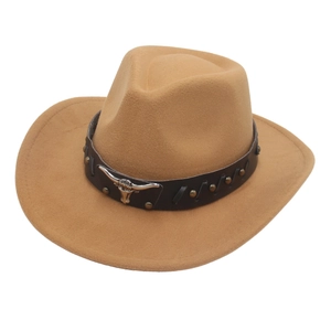 Classic brown western felt cowboy hat with leather band and bull head metal emblem