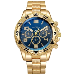 Orologio da uomo in acciaio dorato con grande quadrante cronografo blu e cinturino