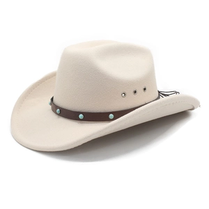 Detail of cream felt cowboy hat featuring turquoise-studded leather band and air vents
