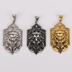 Pendentif tête de lion vintage pour homme en acier inoxydable argenté, doré et noir mat